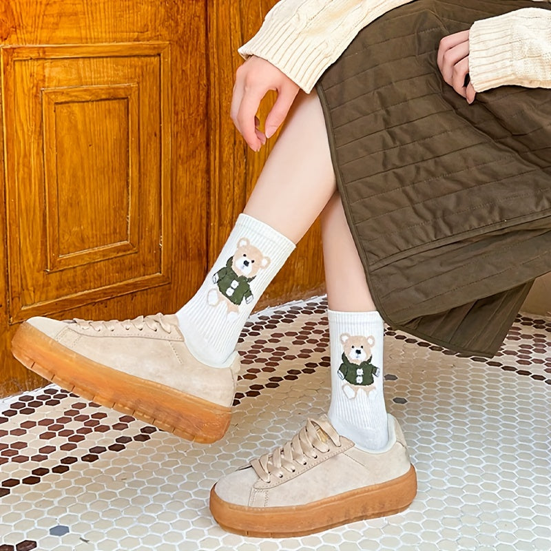 5 Pairs Cartoon Bear Print Socks Women's Mid Tube Stockings