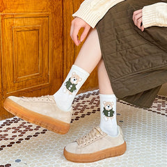 5 Pairs Cartoon Bear Print Socks Women's Mid Tube Stockings