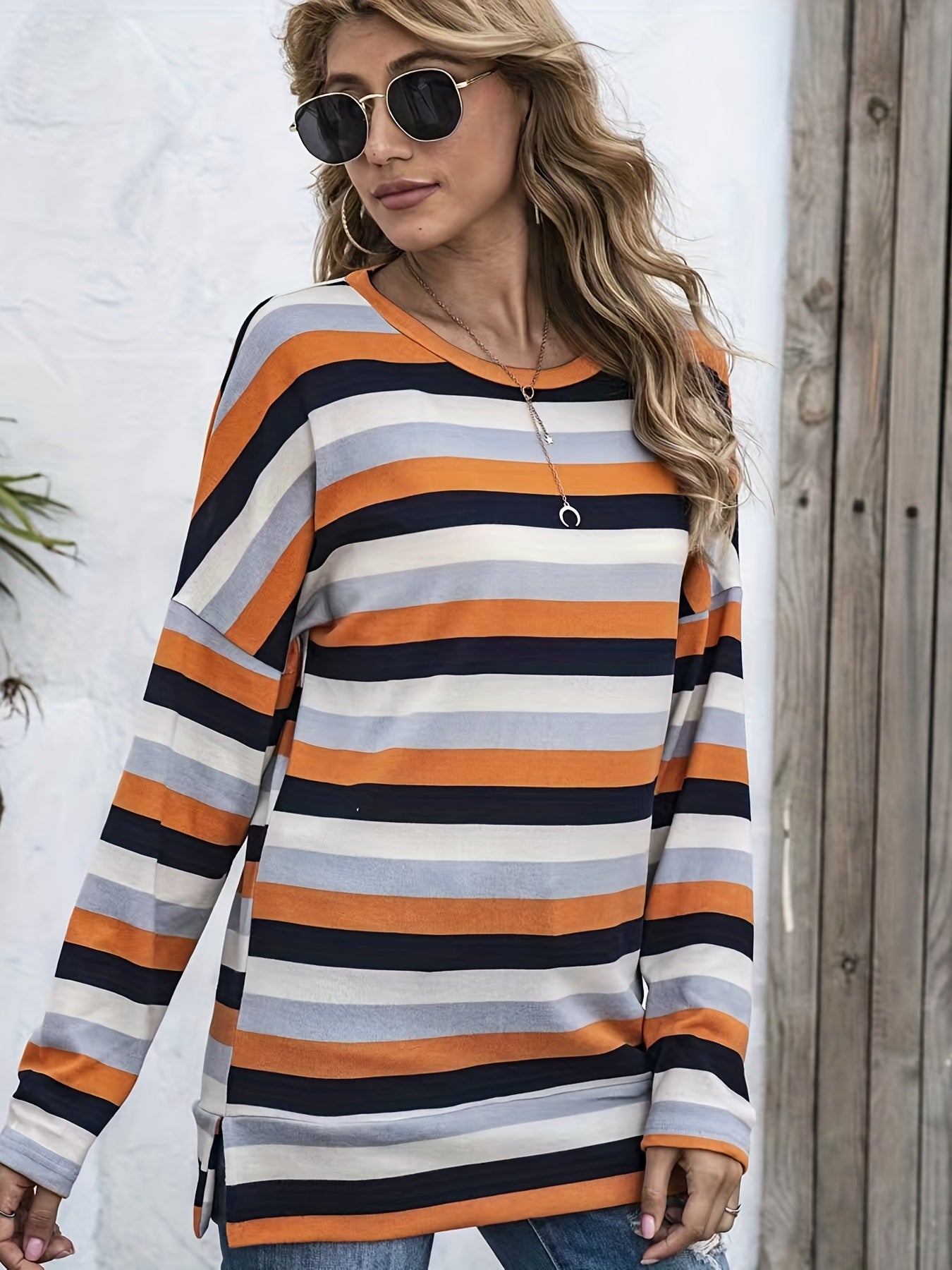 Stripe Print Long Sleeve Round Neck Knit Top