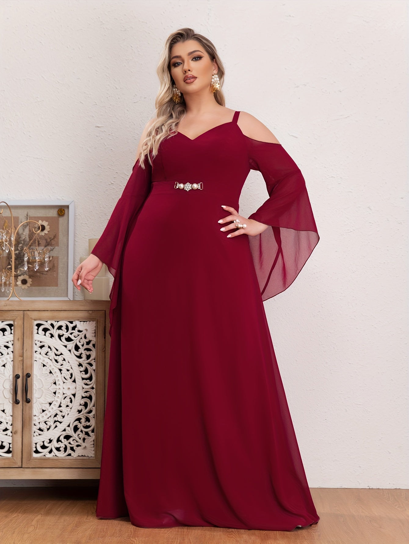 Faux Pearl Bell Sleeve Maxi Bridesmaid Dress