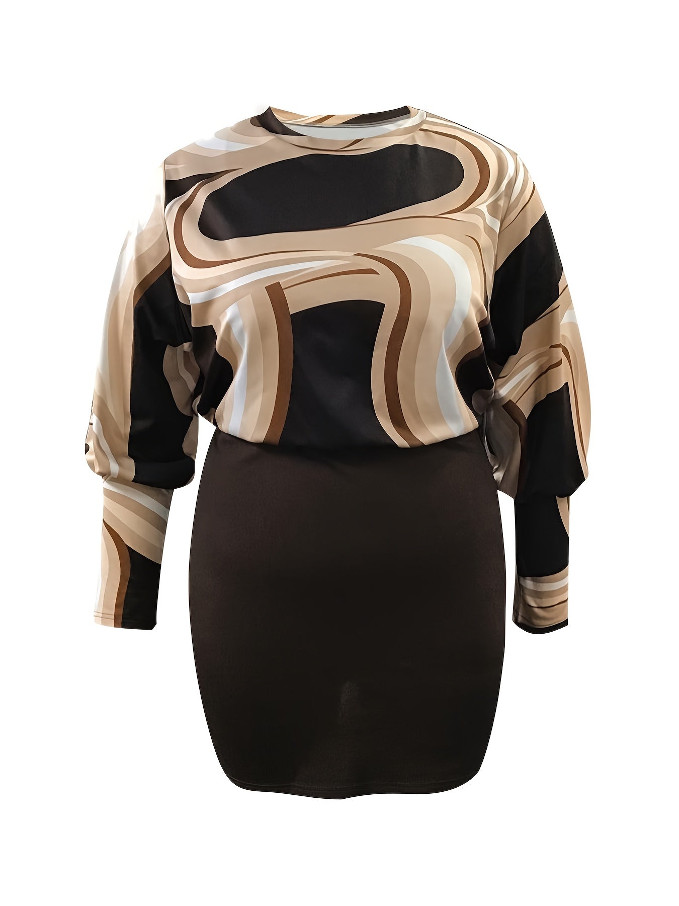 Women's Plus Colorblock Stripe Print Lantern Sleeve Round Neck Slim Fit Dress