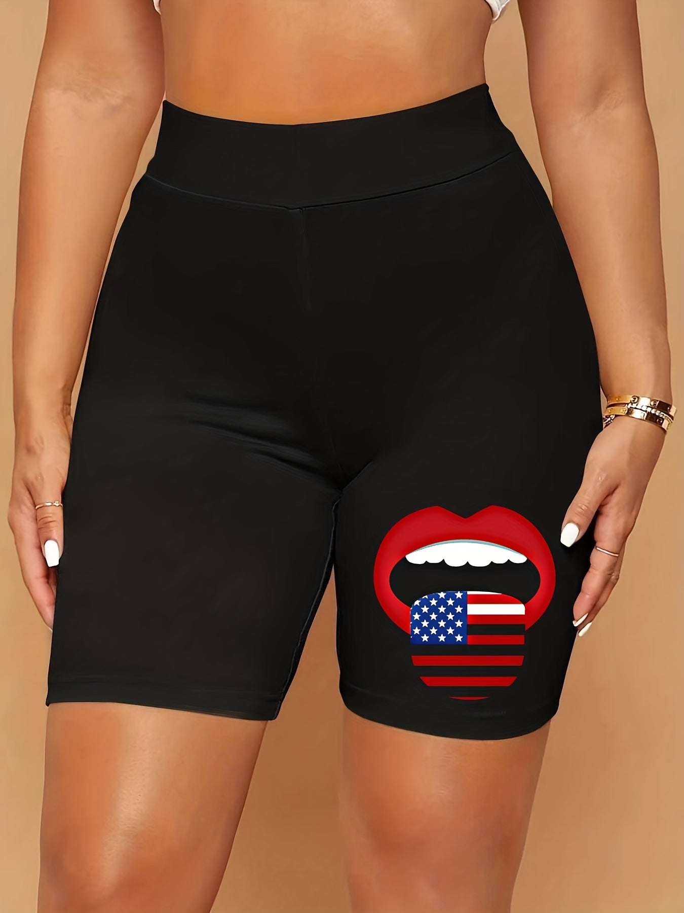 Women's Plus Flag Mouth Print High Rise Biker Shorts