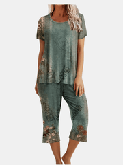 Floral Print 2pc Set Short Sleeve T shirt & Capris Pants Outfit