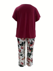 Casual Outfit Set Solid Top & Floral Print Pants
