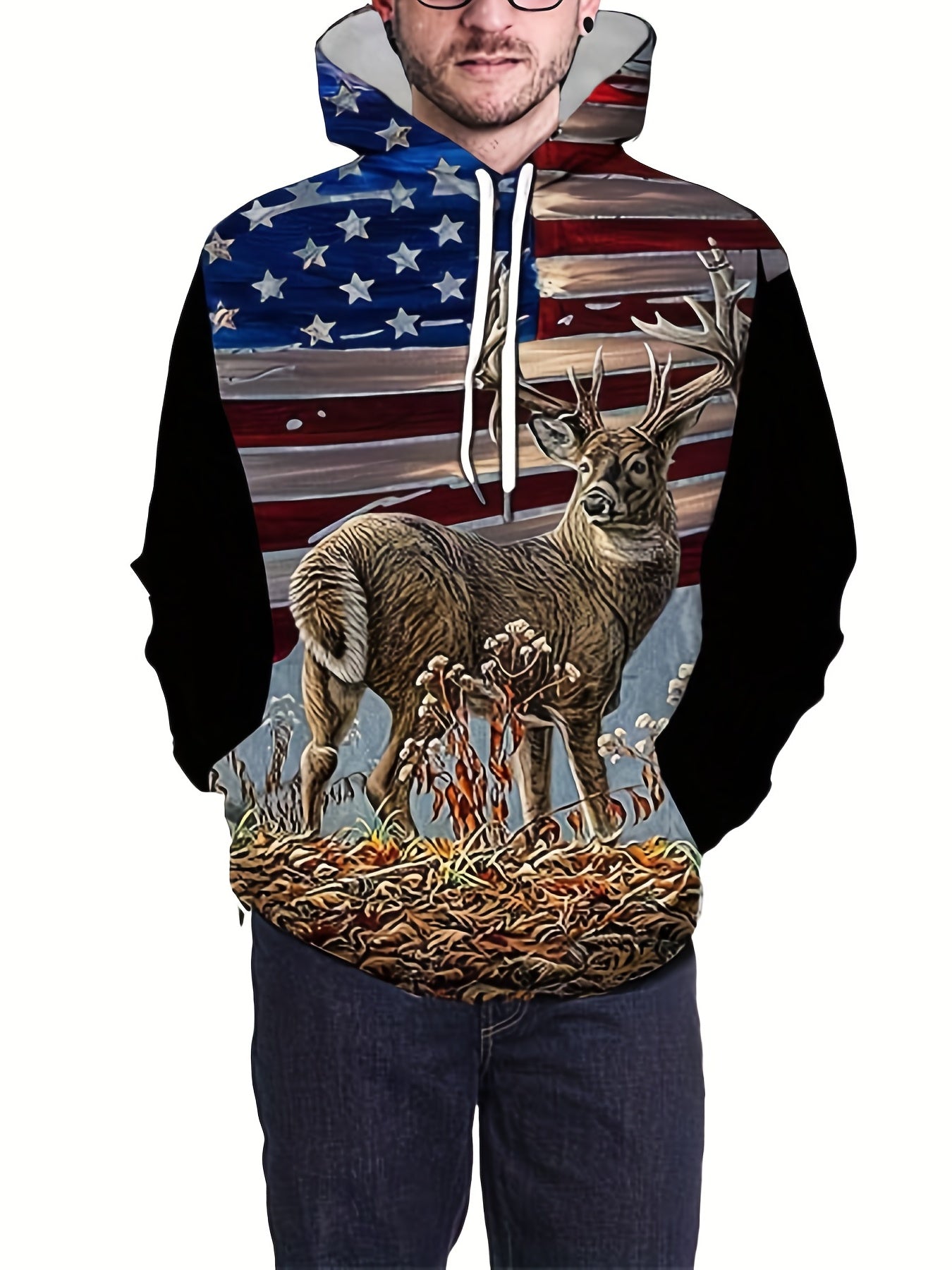 Flag Deer 3D Print Hoodies For Men Graphic Hoodie With Kangaroo Pocket