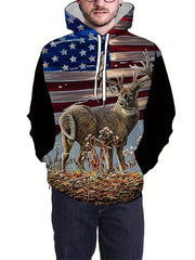Flag Deer 3D Print Hoodies For Men Graphic Hoodie With Kangaroo Pocket