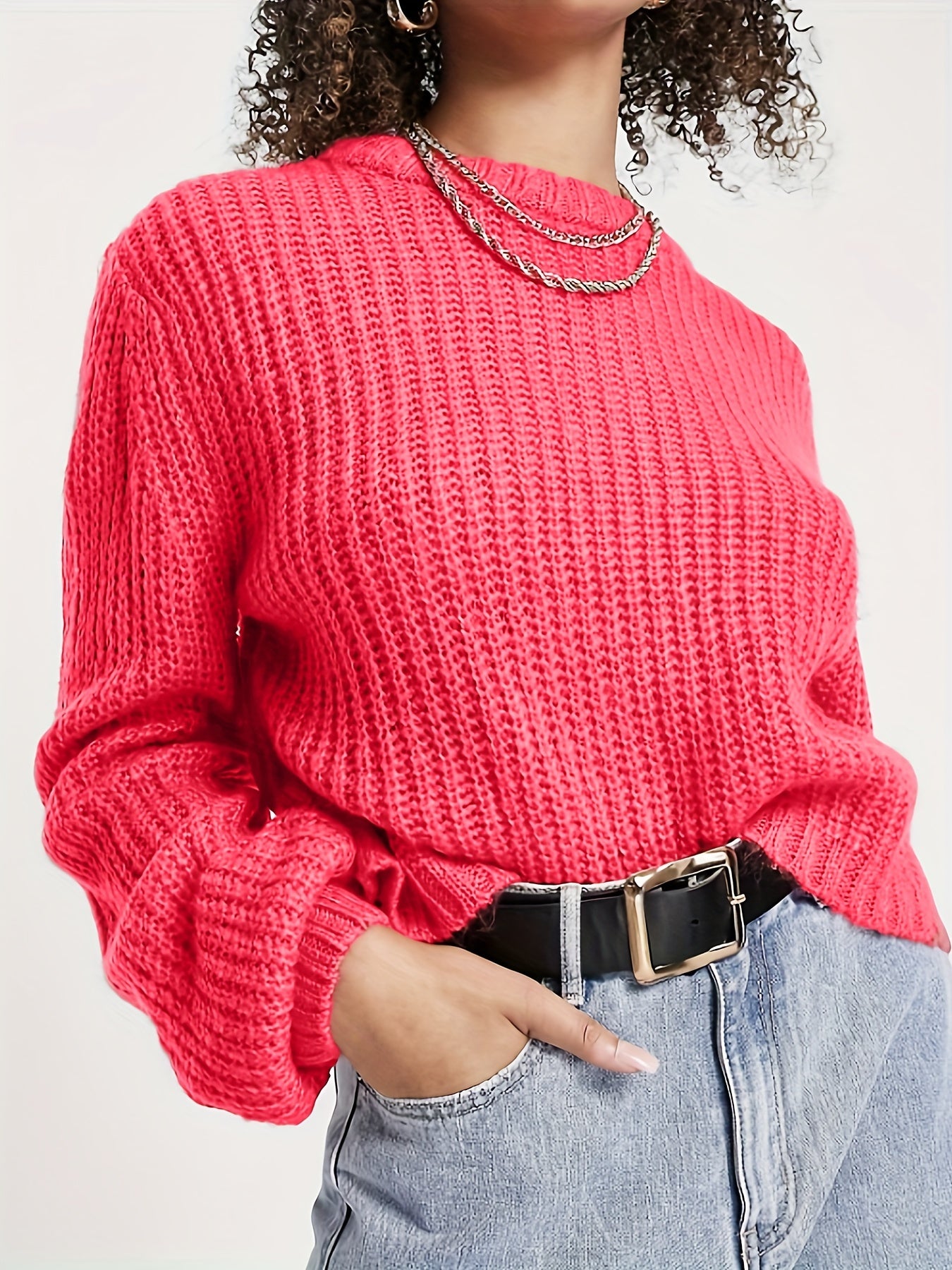 Solid Crew Neck Pullover Sweater Long Sleeve Loose Sweater Women's Clothing