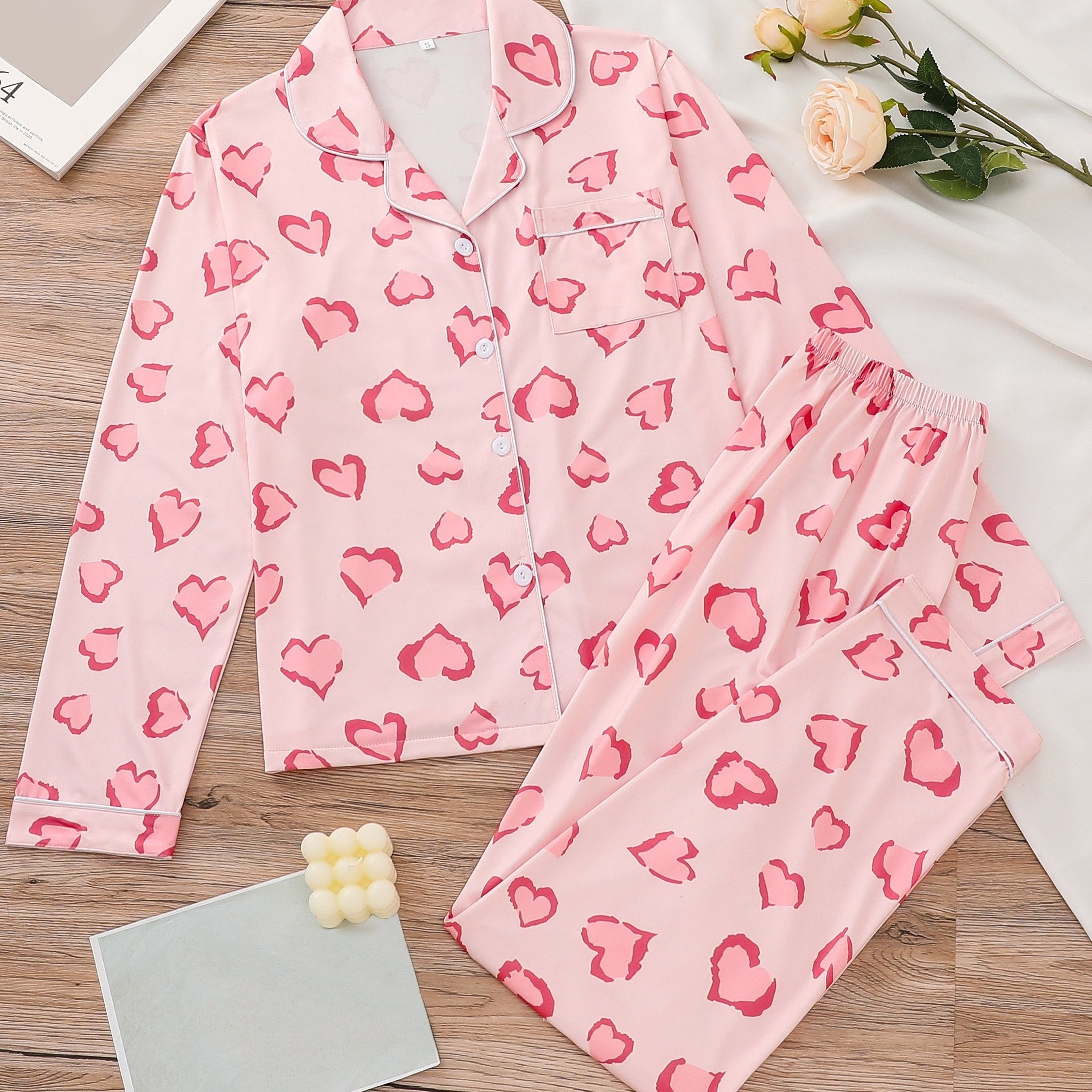 Heart Print Pajama Set Long Sleeve Buttons Top & Elastic Waistband Pants