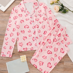 Heart Print Pajama Set Long Sleeve Buttons Top & Elastic Waistband Pants
