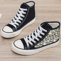 Skull Print Plush Lined Thermal Chunky Canvas High Top Sneakers