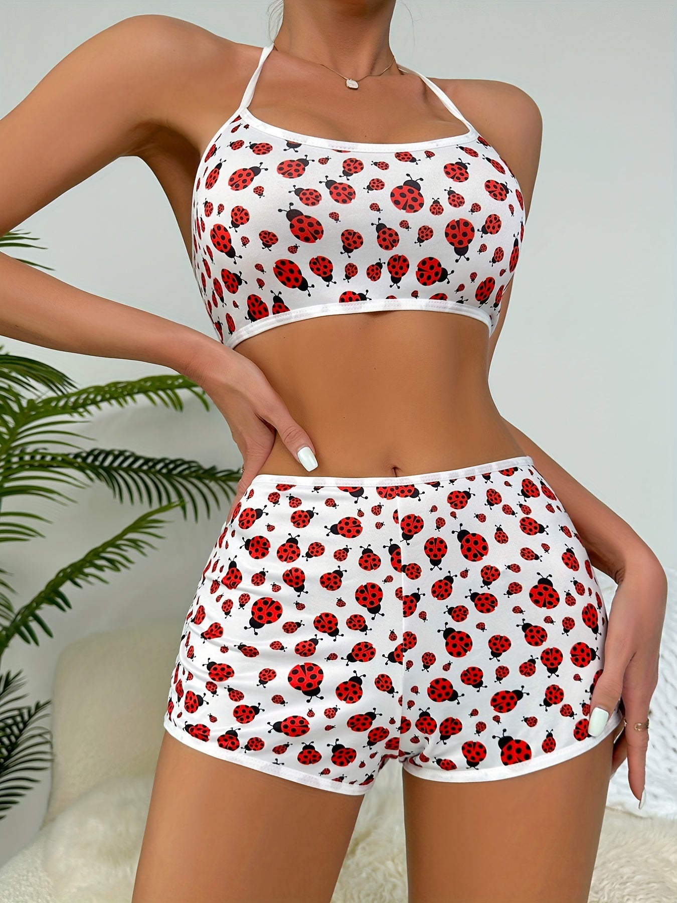 Ladybug Print Bra & Panties Lace Up Set Women's Lingerie
