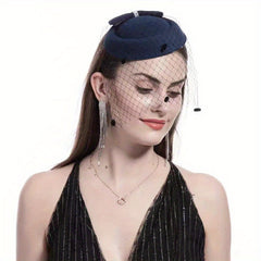 Bowknot Decor Fascinator Hats With Veil Pillbox Hat Velvet Hair Clip