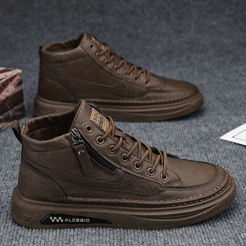 Men's Lace up PU Leather Boots Side Zip Casual Walking Shoes