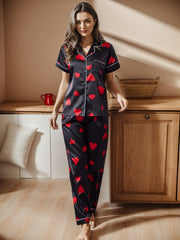 Heart Print Pajama Set Short Sleeve & Elastic Waistband Pants