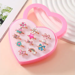 12pcs Cartoon Flower Butterfly Rainbow Star Adjustable Ring Set For Girls