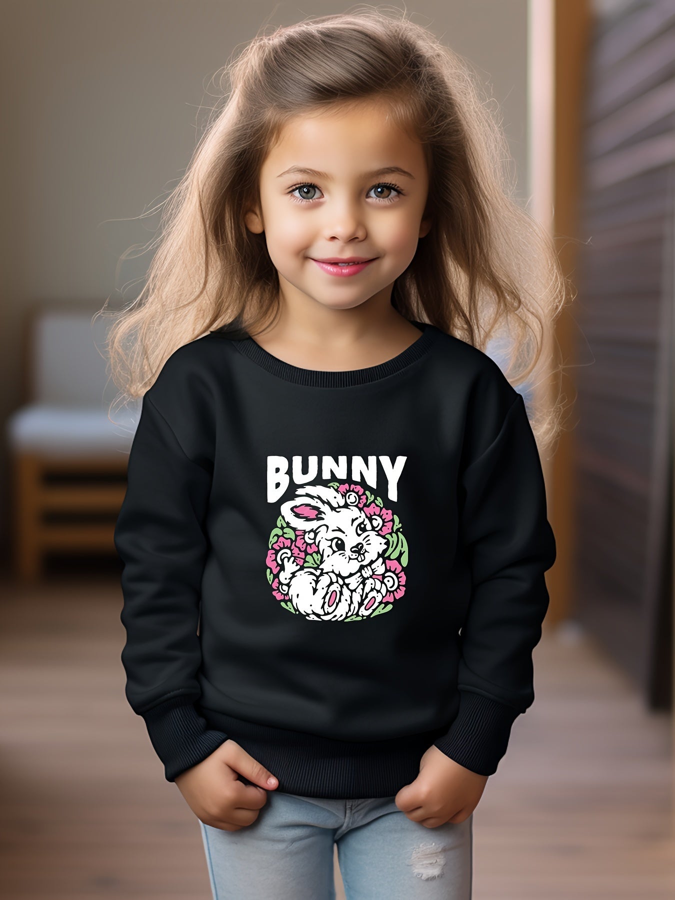 Girls Rabbit Pattern Crew Neck Sweatshirt For Spring Fall Christmas Gift
