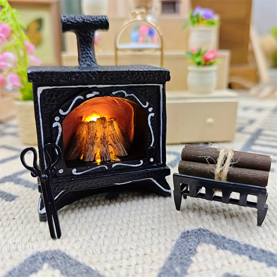 Mini Metal Fireplace w/ Wood Logs & Iron Grate Dollhouse Accessory