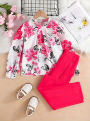 2pcs Girls' Boho Floral Blouse & Button Pants Set