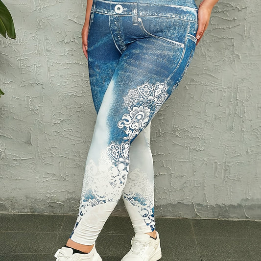 Denim & Lace Print High Rise Stretch Skinny Leggings