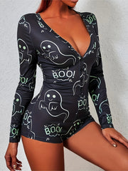 Halloween Ghost Print Pajama Romper Long Sleeve V Neck Buttons Pajamas