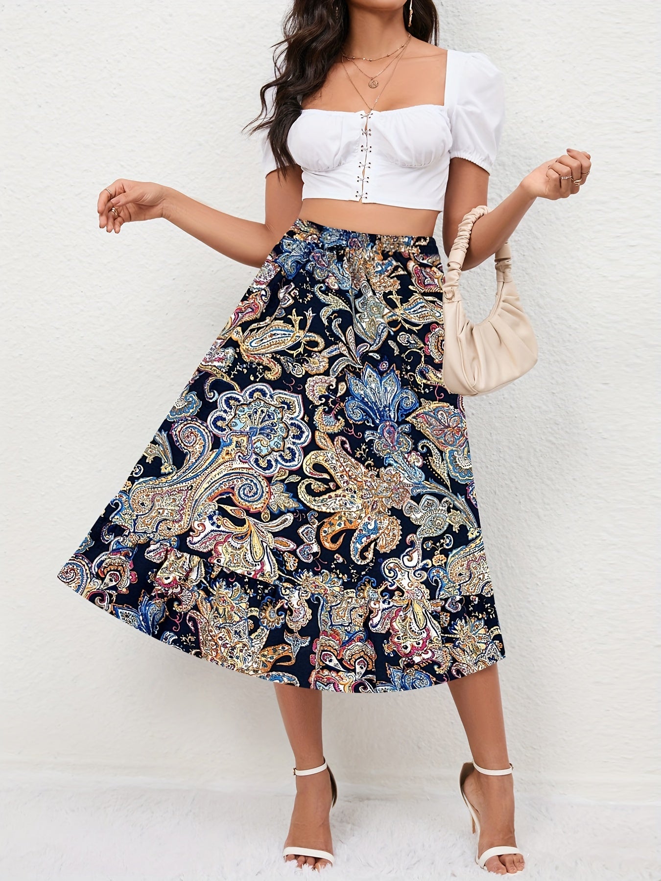 Boho Floral Print Tiered Skirts High Waist