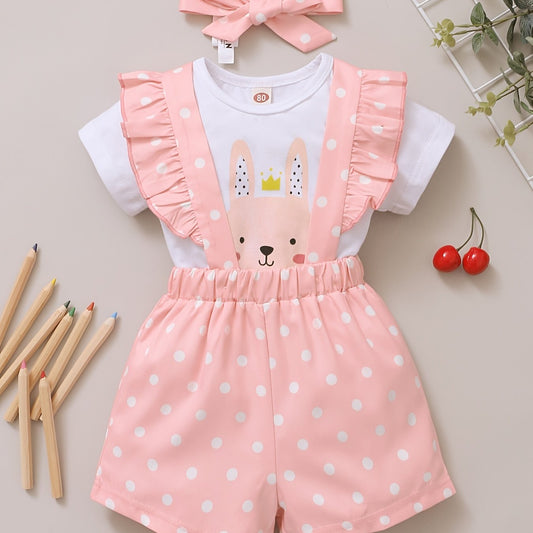 Baby Girl Rabbit Print Outfit Set - T-shirt, Polka Dot Shorts, Headband