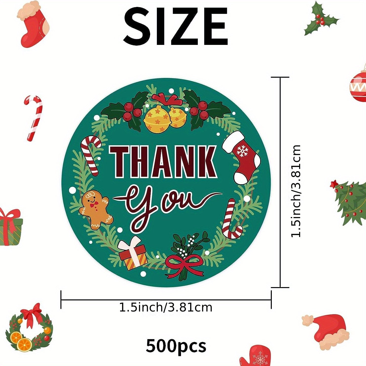 500pcs Christmas Thank You Stickers 1.5in Round Happy Winter Holiday Sticker