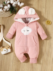 Infant Cloud Print Jumpsuit w/ Bear Ears Hood & Pocket - Newborn Baby Gift