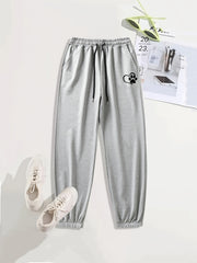 Heart Print Casual Sports Pants Solid Drawstring Couple Jogging Pants