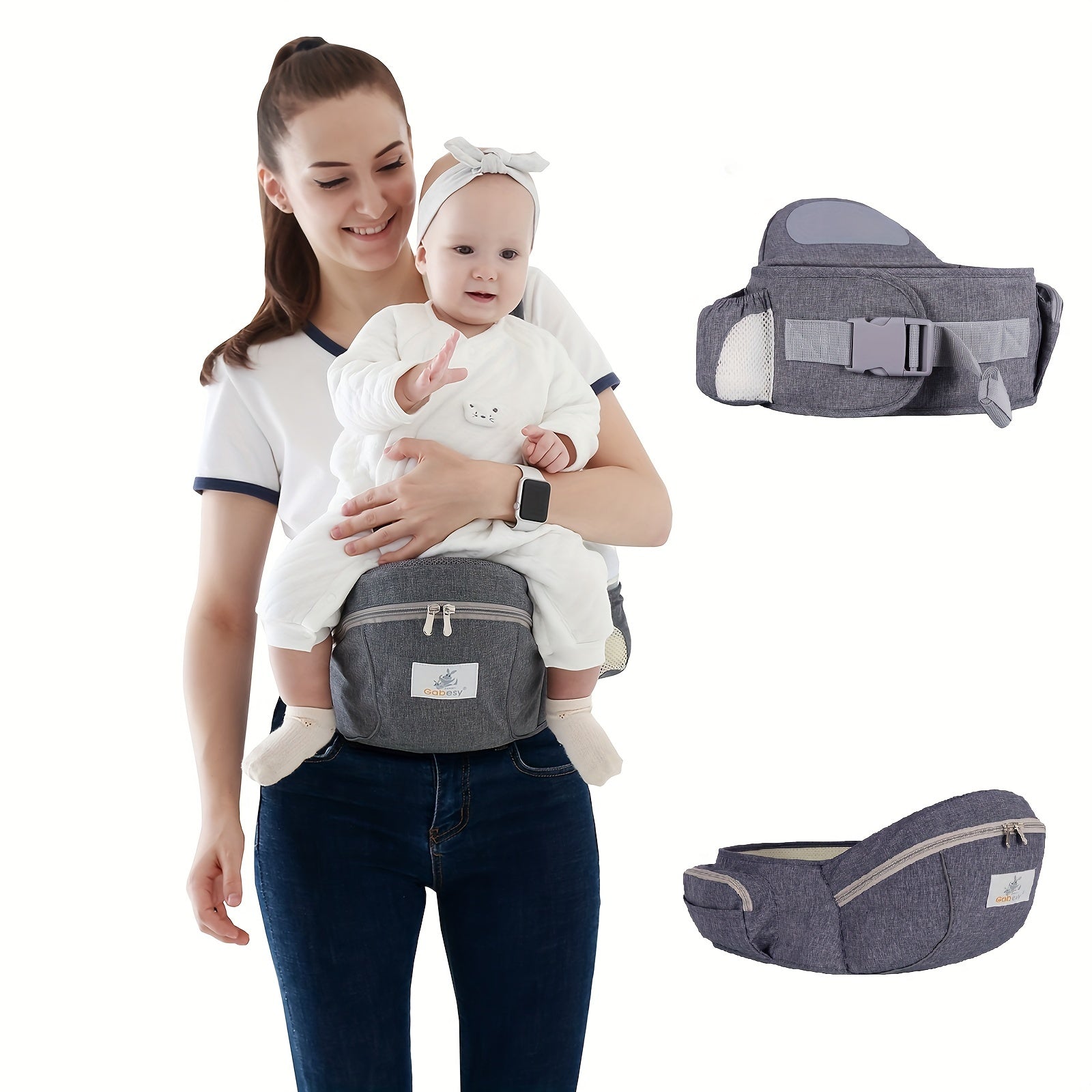 Grey Baby Carrier Waist Seat Hip Seat With Storage Space And Safety