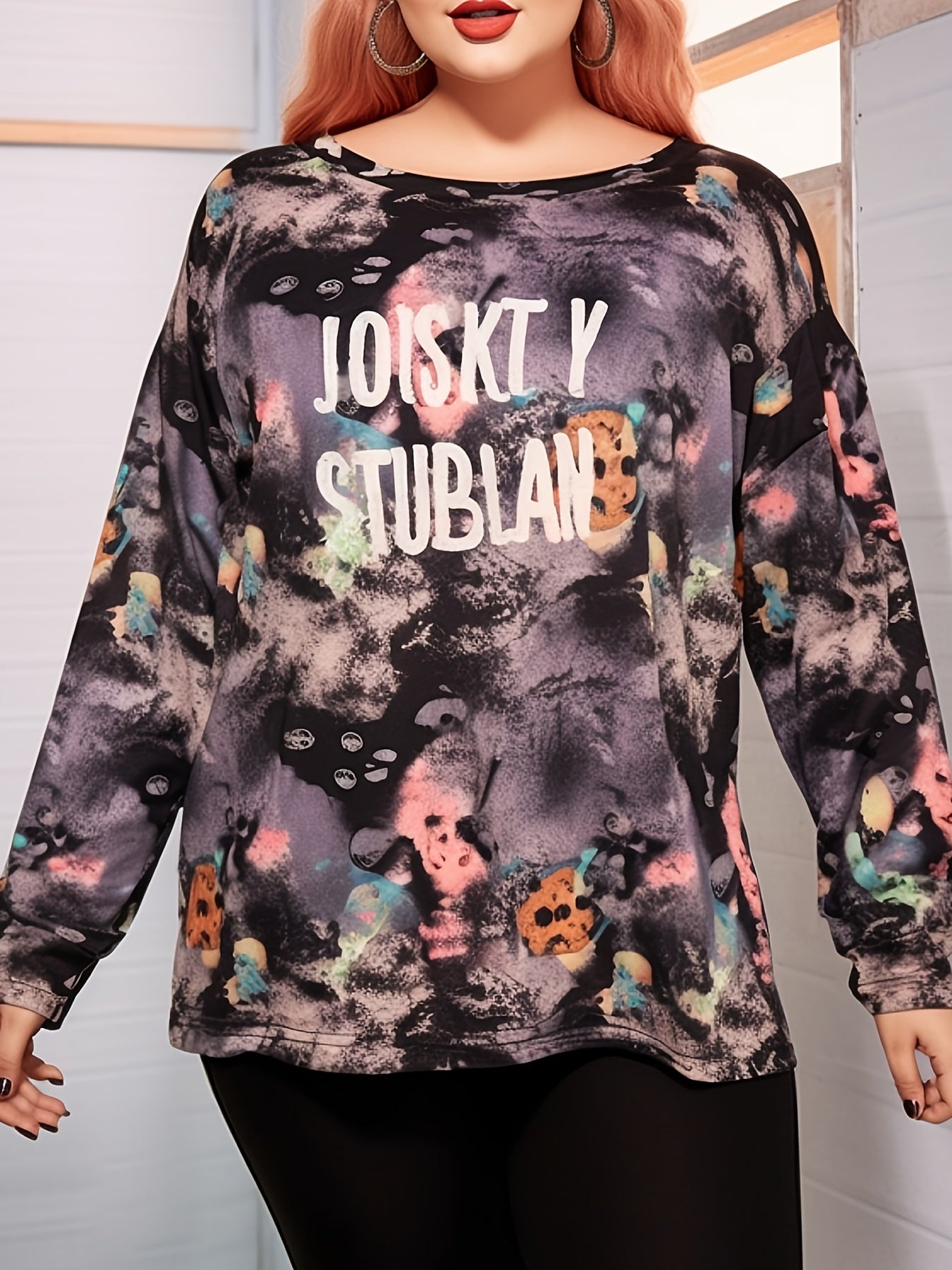 Tie Dye & Letter Print Long Sleeve Crew Neck Tee