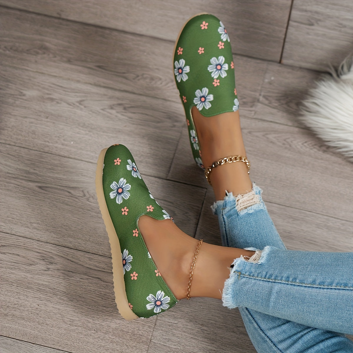 Women's Floral Print Slip On Sneakers Lightweight Walking Shoes