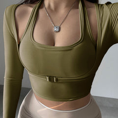 Quick Drying 2 in 1 Crop Top with Thumb Holes for Women's Yoga