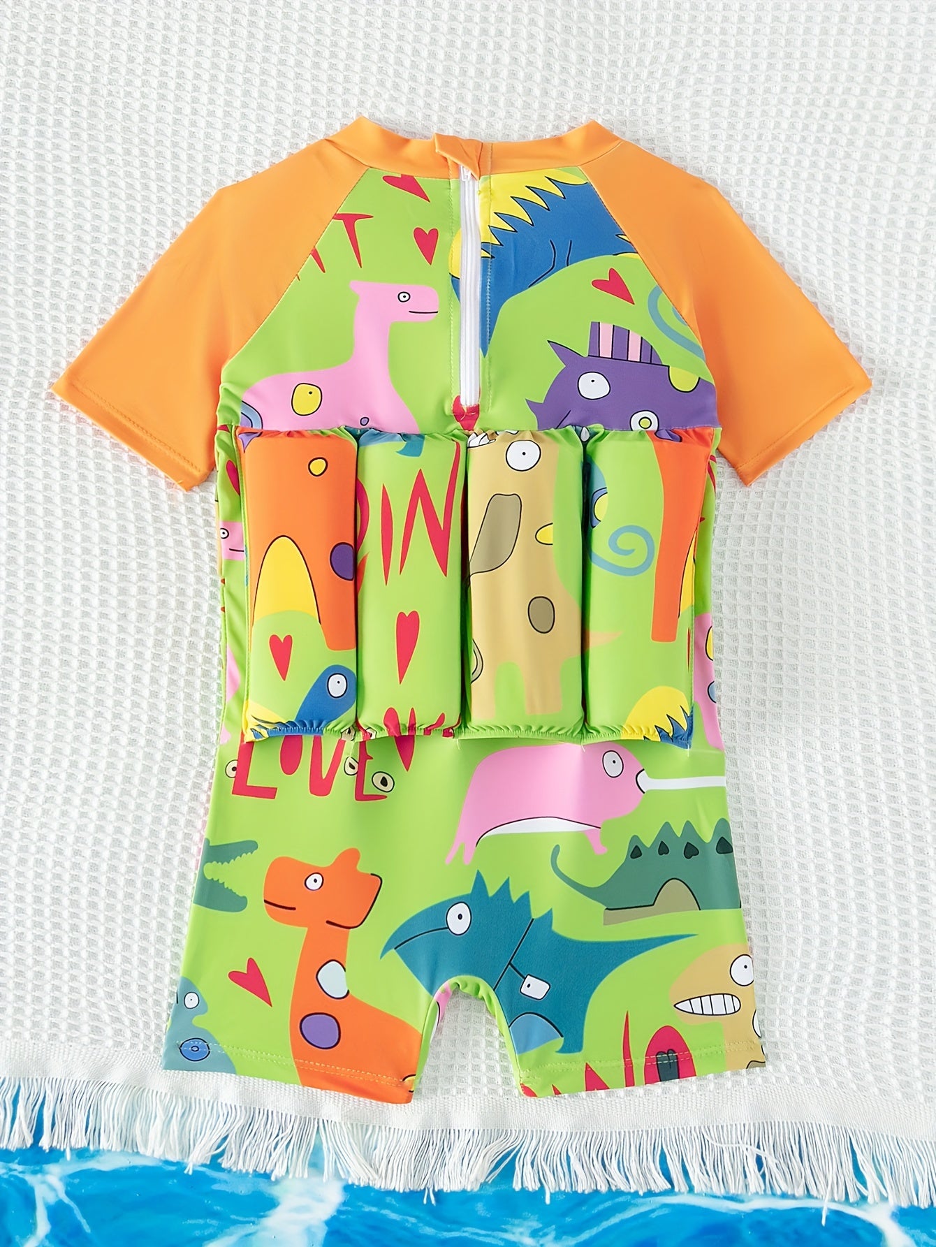Baby Boys Cartoon Graphic Print Short Sleeve Swimsuit With Adjustable Buoyancy