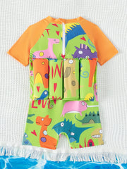 Baby Boys Cartoon Graphic Print Short Sleeve Swimsuit With Adjustable Buoyancy