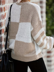 Checkerboard & Stripe Print Drop Shoulder Sweater