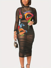 Sexy Figure Print Three piece Set Crop Cami Top Shorts Bodycon Ruched Mesh Dress