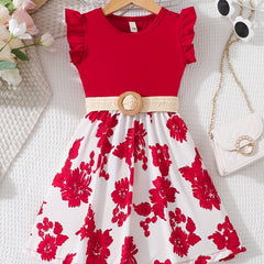 Kid's Floral Print Flutter Sleeve Dress with Belt