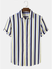 Men's Casual Stripe Print Short Sleeve Button Down Shirt