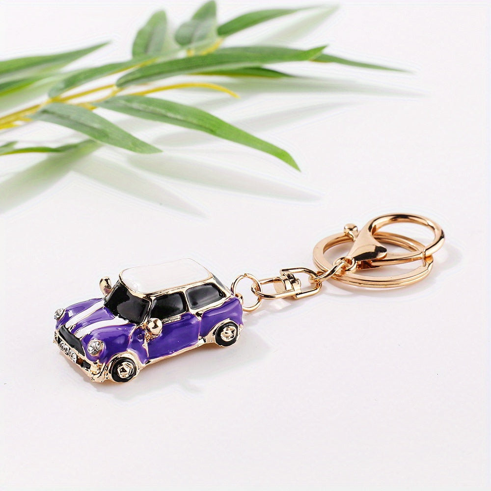 Striped Mini Car Keychain with Diamond Decoration Pendant