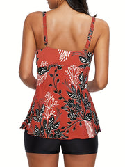 Floral Print Beachwear Red Flower Pattern Swimsuit Set