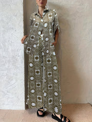 Greek Print Button Up Blouse & Wide Leg Pants Set