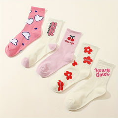 5 Pairs Letter & Heart Print Socks Women's Stockings
