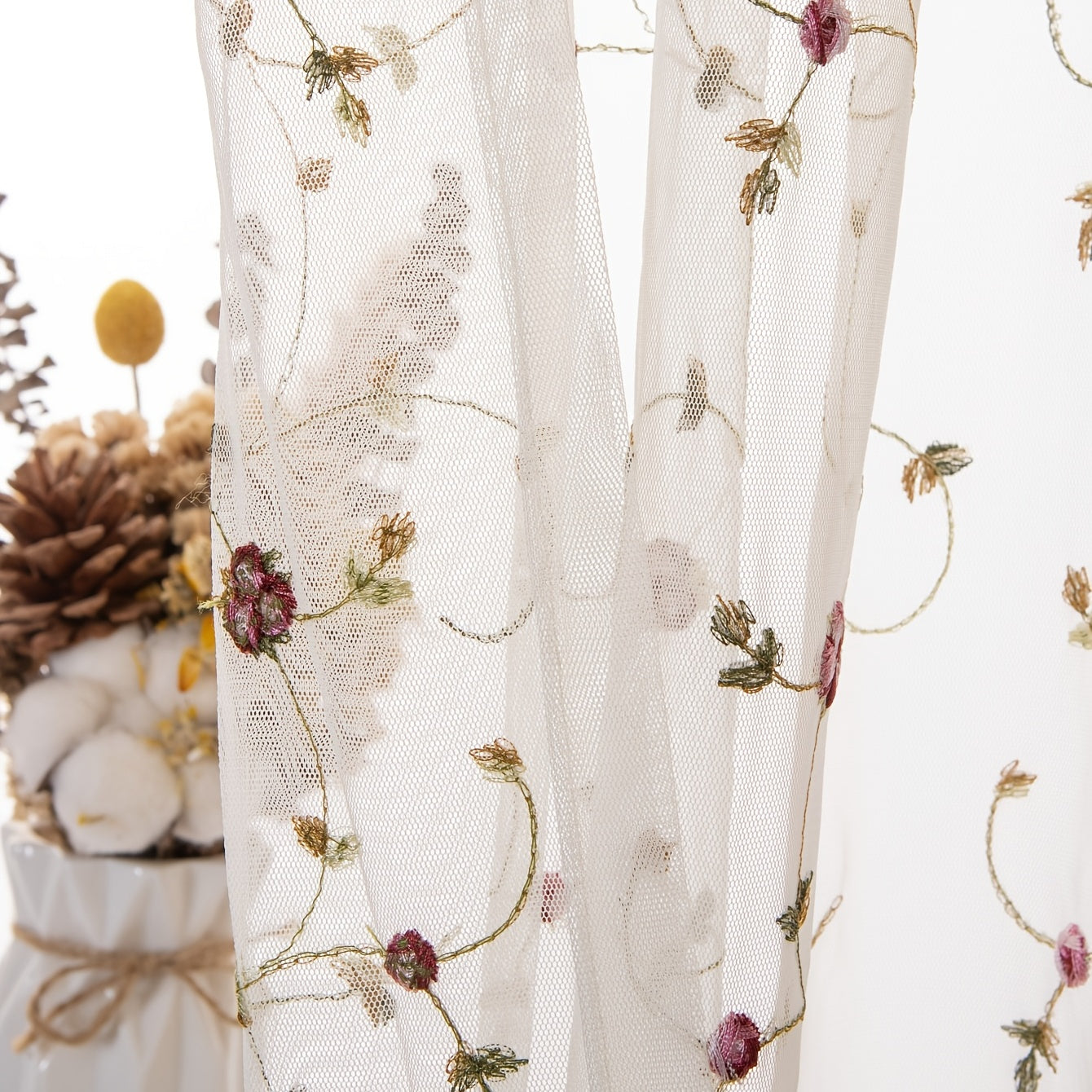 Pastoral Beige Embroidered Sheer Curtain