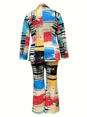 Tie Dye Blazer & Flared Leg Pants Suit Plus Size