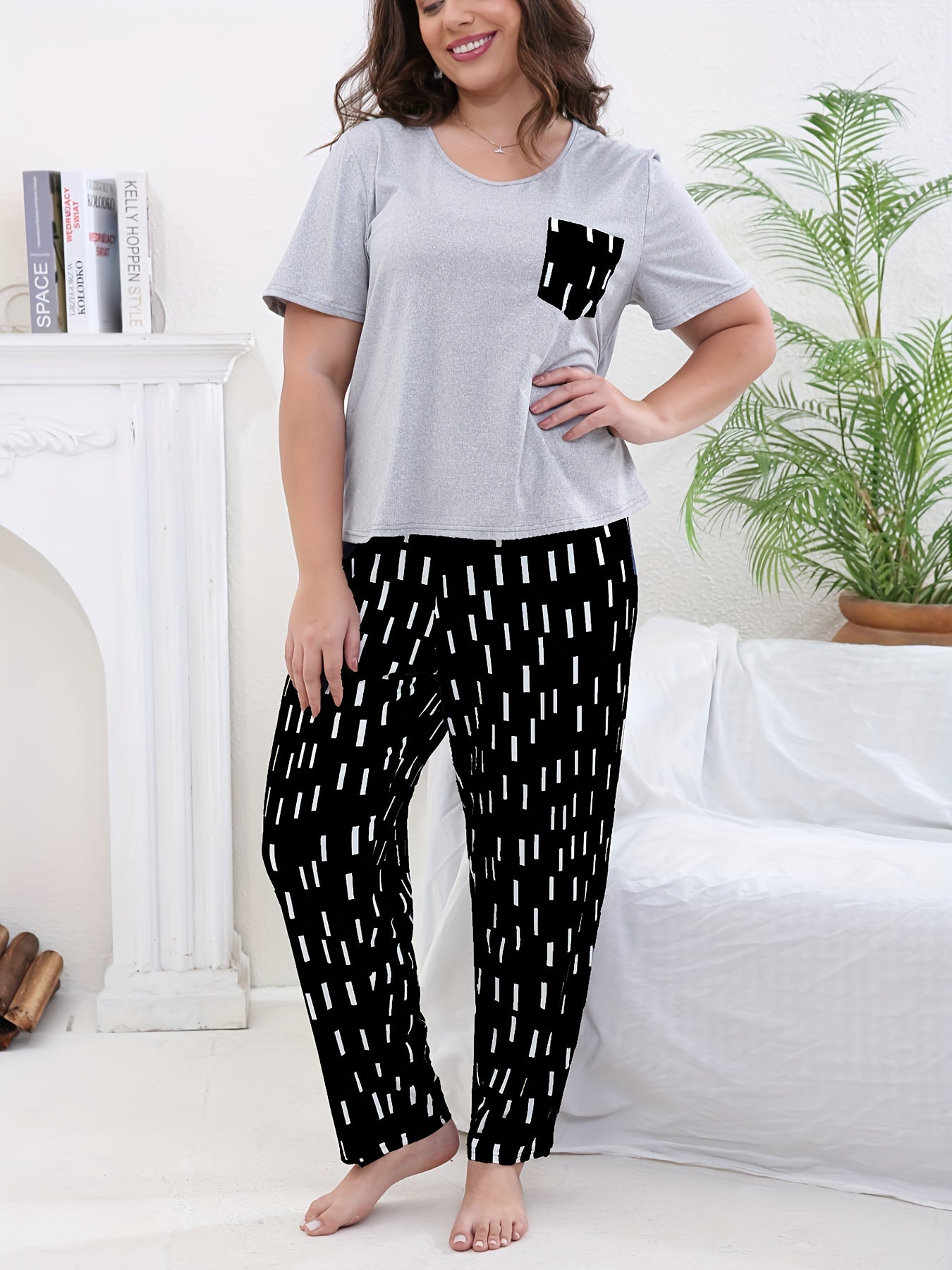 Casual Pajama Set Solid Short Sleeve Tee & Striped Pants