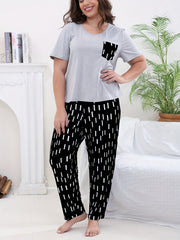 Casual Pajama Set Solid Short Sleeve Tee & Striped Pants