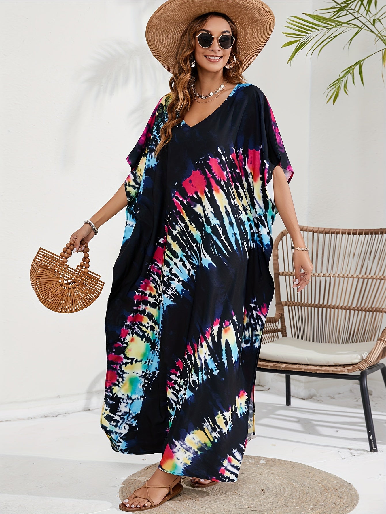 Tie Dye Batwing Sleeve V Neck Maxi Split Cover Up Dress