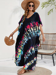 Tie Dye Batwing Sleeve V Neck Maxi Split Cover Up Dress
