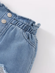 Girls Ripped Denim Shorts with Elastic Waist for Spring/Summer